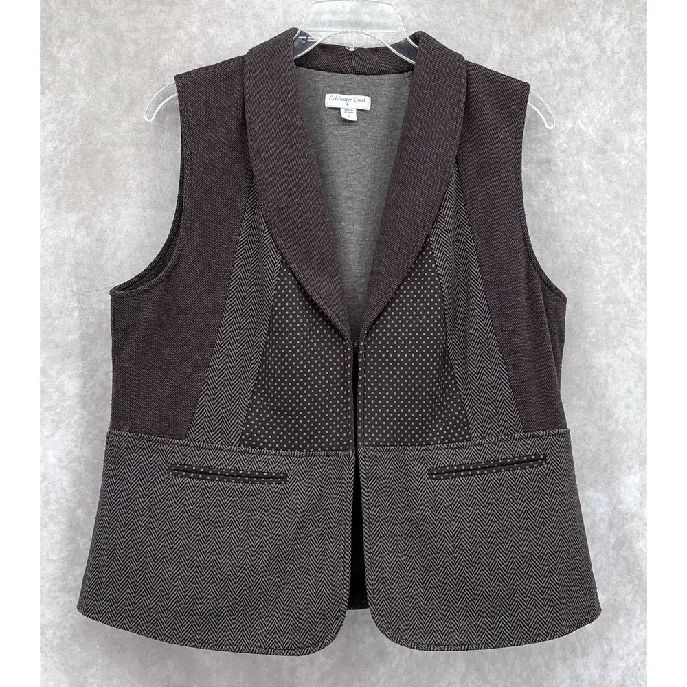 Coldwater Creek Vest 1X Brown‎ Mixed Media Herringbone Dot Print Hook Closure